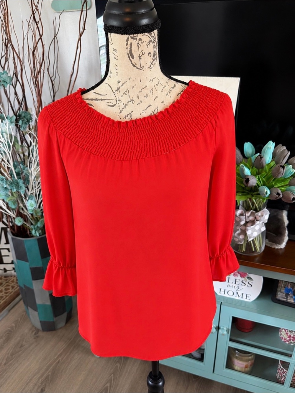 AndTheWhy Smocked-Neck Orangish Red Cotton Blend Women's Blouse Small